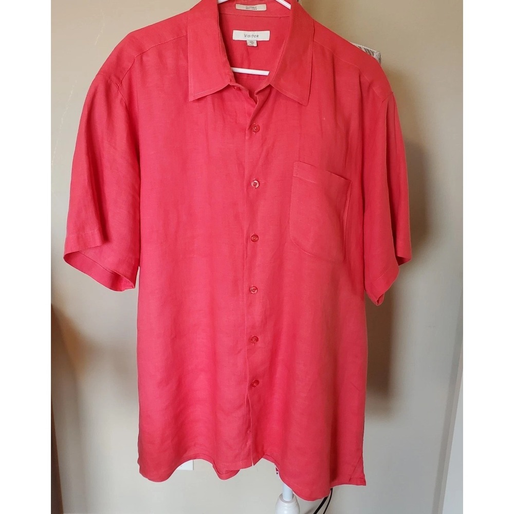 Visitor Shirt Mens 2XL Coral Short Sleeve Button Up 100% Linen Big Tall Summer‎